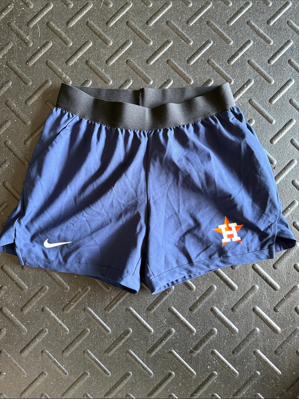 Nike Navy Athletic Shorts with White Swoosh and Orange Team Logo